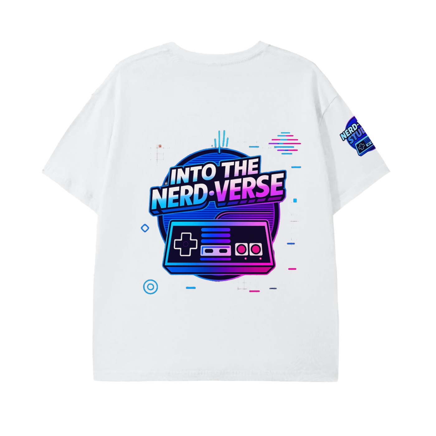https://ajmall-vc-public-bucket.oss-us-west-1.aliyuncs.com/hugepod/material/custom_printing/63da587299b347548df399a41c8885a3.png into the nerd verse: "all things nerd" t shirt