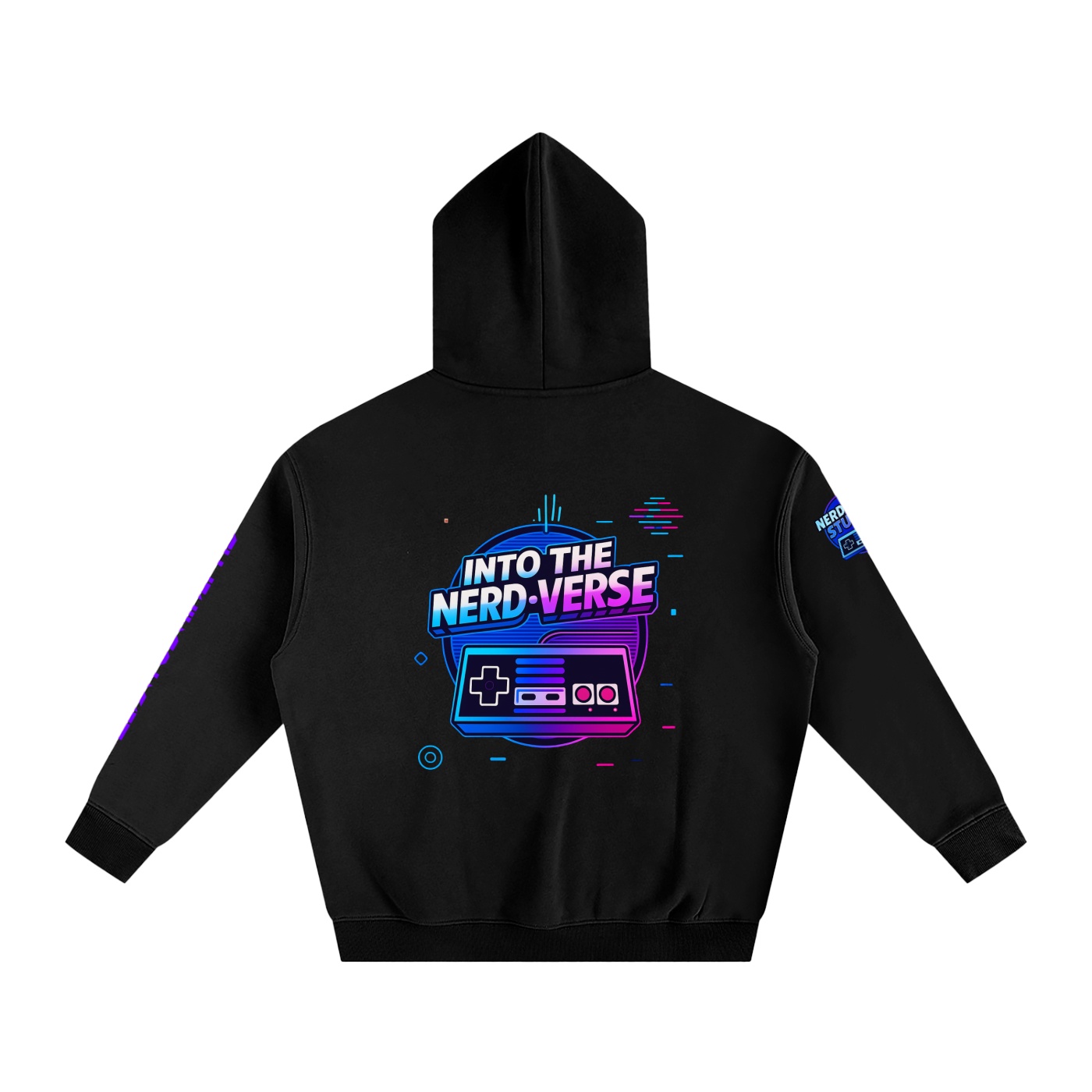 https://ajmall-vc-public-bucket.oss-us-west-1.aliyuncs.com/hugepod/material/custom_printing/a76fe06050274cdb916afda6e0585f8f.png into the nerd verse: "all things nerd" hoodie